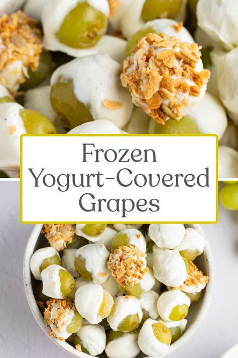 Frozen yogurt-covered grapes are an easy, healthy, and delicious way to satisfy an afternoon sweet tooth. With juicy, crisp green grapes and a coating of rich vanilla yogurt, these are a super tasty frozen snack that you and your kids will love. Top them with your favorite granola for a little extra crunch. I bet you can’t eat just one! Grape Recipes Healthy, Frozen Grapes Recipe, Green Grapes Recipes, Grape Snacks, Candied Grapes Recipe, Grape Dessert, Savory Dips, Fruit Dips, 40 Aprons