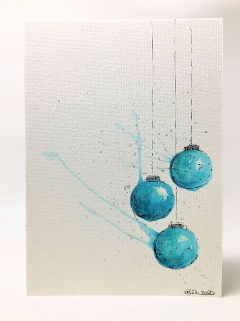 Watercolour Bauble Christmas Cards, Water Paint Card Ideas, Painting Christmas Cards Watercolors, Christmas Bauble Watercolour, Christmas Cards In Watercolor, Hand Painted Xmas Cards, Watercolour Christmas Baubles, Watercolor And Ink Christmas Cards, Christmas Cards Hand Painted