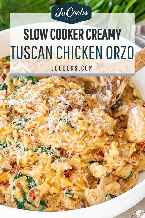 Whip up this heavenly Slow Cooker Creamy Tuscan Chicken Orzo for a no-fuss, flavor-packed dinner! #EasyDinnerIdeas #SlowCookerRecipes 🍲👩‍🍳 Creamy Marry Me Chicken Orzo Crockpot, Crockpot Creamy Marry Me Chicken Orzo, Dump Tuscan Chicken Orzo, Tucson Chicken Orzo, Orzo In Crockpot, Marry Me Chicken Crock Pot Orzo, Marry Me Chicken Orzo Crock Pot, Slow Cooker Tuscan Chicken Pasta, Jocooks.com Recipes