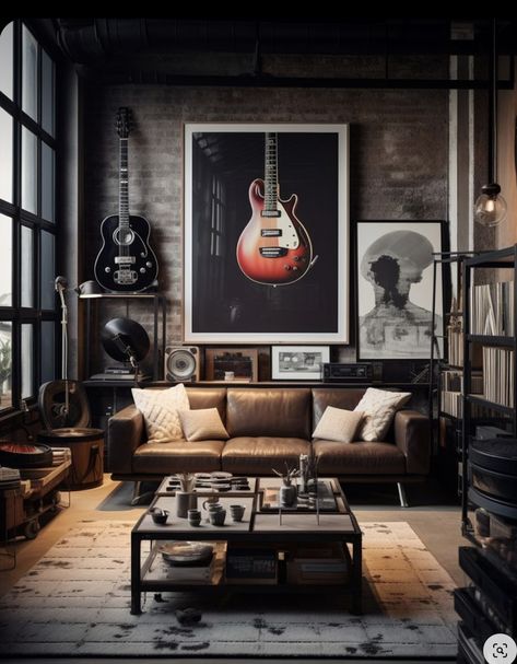 Record Room Ideas, Small Music Room, Modern Music Room, Studio Room Design, Industrial Style Living Room, Industrial Style Bedroom, Music Room Design, Guitar Studio, Home Music Rooms