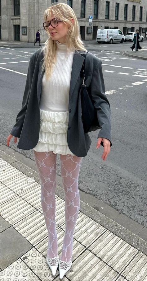 White Dress Black Tights Winter, White Fishnet Tights Outfit, Diamond Tights Outfit, White Skirt White Tights, White Stockings Outfit Aesthetic, White Tights Outfit Winter, White Lace Tights Outfit, White Skirt Fall Outfit, White Dress Black Tights