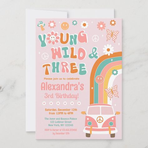 Young Wild and Three Groovy Birthday Invitations | Zazzle Two Groovy Birthday Party Invitation, Two Groovy Invitation, Two Groovy Party, Groovy One Birthday, Birthday Invitations Zazzle, Hippie Birthday Party, Retro Invitation, Groovy Party, Young Wild And Three