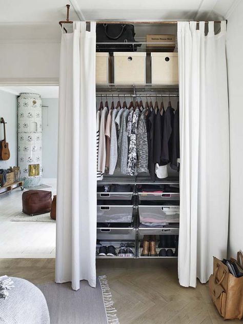 Bright and compact Swedish apartment exhibiting an efficient layout Wardrobe Curtain, Makeshift Closet, Diy Kast, Apartment Closet Organization, Cheap Closet, Cheap Cabinets, Closet Curtains, No Closet Solutions, Open Closet