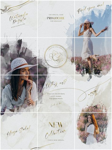 Watercolor Instagram Puzzle - Design Template Place Instagram Puzzle Design, Create Canva Templates, Advertising Campaign Design, Instagram Grid Layout, Bio Pool, Puzzle Graphic, Instagram Puzzle Feed, Instagram Grid Design, Instagram Puzzle Template