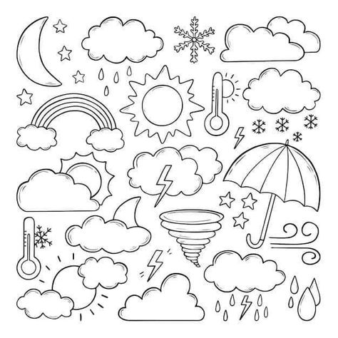 Rain Doodle, Weather Doodles, Travel Doodle, Kawaii Weather, April Preschool, Weather Weather, Travel Doodles, Weather Print, Bullet Journal Banner