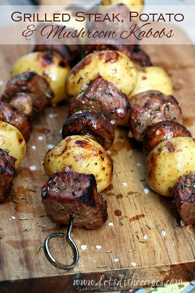 Marinated Grilled Steak, Potato and Mushroom Kabobs #recipe Mushroom Kabobs, Potato Mushroom, Steak Potatoes, Meat And Potatoes, Shish Kabobs, Steak And Mushrooms, Kabob Recipes, Fruit Kabobs, Summer Grilling