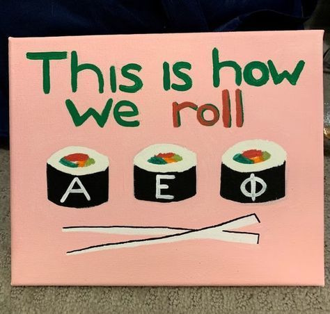 Funny Sorority Canvas, Aephi Canvas, Sorority Crafts Canvases, Initiation Basket, Aoii Canvas, Sorority Canvas Ideas, Sorority Posters, Sorority Pin Box, Sorority Canvas Art