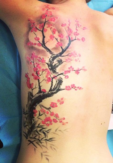 81 Flower Tattoos to Make Your Skin a Living Garden - DIY Morning Cherry Tree Tattoos, Simbolos Tattoo, Cherry Blossom Tree Tattoo, Tree Tattoo Back, Bodysuit Tattoos, Tato Paha, Blossom Tree Tattoo, Tato Dengan Makna, Sakura Tattoo