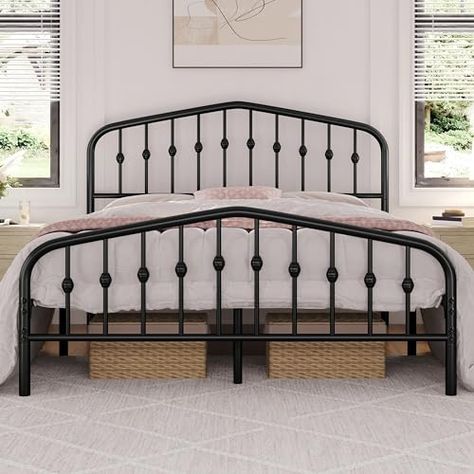 Black Frame Bed, Bed Frames Metal, Queen Beds For Sale, Queen Bed Frames, Wrought Iron Headboard, King Metal Bed Frame, Black Queen Bed, Iron Headboard, Arched Headboard