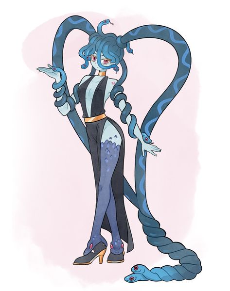 Snake Character Design, Human Snake, Snake Oc, Snake Character, Love Monsters, Snake Hair, Interesting Drawings, Blue World, Pix Art