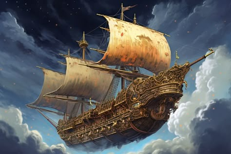 Futuristic Pirate Ship, Flying Ship Fantasy Art, Fantasy Flying Ship, Fantasy Transport, Fantasy Transportation, Dnd Artwork, Dnd Aesthetic, Airship Art, Fantasy Ships