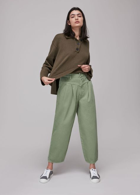 Buy Pale Green Organic India Pleat Jean | WHISTLES from whistles.com. These jeans are perfect for easy dressing - whether you are styling for the day or evening. They sit high at the waist and are pleated, with straight legs. Complement the pale green hue with white tops and tees for fresh summer styles. Pale Green Outfit, Spring Capsule, Khaki Jacket, Spring Capsule Wardrobe, Fresh Summer, Summer Styles, Colored Pants, Green Outfit, Gingham Dress