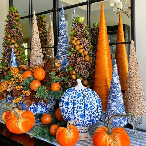 Blue and white will never go out of style! This classic styled Pumpkin is a fun and different way to style your home for the holiday season. Made of Dolomite and accented with gold metallic details Dimensions: 8.25"W x 3.25"D x 10.5"H Blue And White Fall Decor, Modern Stone Wall, Orange Fall Decor, Blue Fall Decor, Wall Decorating Ideas, Wall Decor Inspiration, Ceramic Pumpkin, Blue And White Decor, Cone Trees