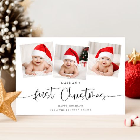 Minimalist Babys First Christmas 3 Photo Cute Holiday Card #zazzle #weddinginvitations #birthdayinvitations #babyshowerinvitations #zazzleinvitations #monogram #businesscards #graduation #homedecor Baby Holiday Card, Baby Christmas Card, Baby's First Christmas Card, First Christmas Photos, Babys First Christmas, Photo Christmas Ornaments, Photo Cute, Newborn Christmas, Minimalist Baby