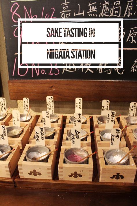 Don’t miss the sake tasting in JR Niigata Station | Frequent Travellist Japanese Booth, Hi Tea Ideas, Izakaya Food, Japanese Theme Parties, Sake Tasting, Village Center, Japanese Cafe, Sake Bar, Japanese Party