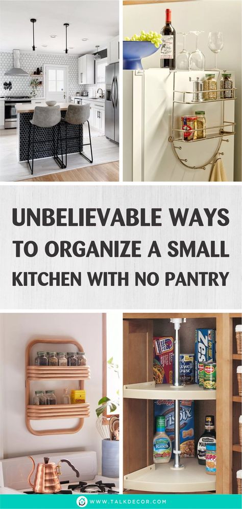 Working in a small kitchen with no pantry is absolutely challenging. The ideas below are the solution to have storage and stylish decoration in a no-pantry kitchen. #smallkitchendesigns #smallkitchendecor #smallkitchenoorganization #smallkitchenwithnopantry Apartment With No Pantry, Small Kitchen No Pantry Ideas, Small Kitchen No Pantry, No Pantry Storage Ideas, No Pantry Solutions Kitchens, Small Kitchen With No Pantry, Kitchen With No Pantry, Kitchen Without Pantry, Organize A Small Kitchen