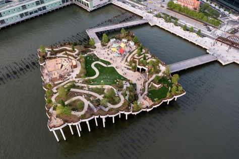 Little Island park and theatre by Thomas Heatherwick opens in New York Outdoor Theatre, Heatherwick Studio, Thomas Heatherwick, Concrete Column, Public Space Design, Island Pictures, Outdoor Theater, Planting Plan, Island Park