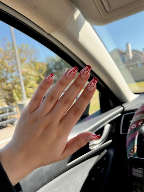 Red Tip Halloween Nails, French Tip Nails With Spider Web, French Tip With Blood Nails, White Nails With Blood Drip, French Tip Blood Nails, Blood Drip French Tip Nails, Halloween Blood Drip Nails, Blood French Tip Nails, Blood Nails Halloween