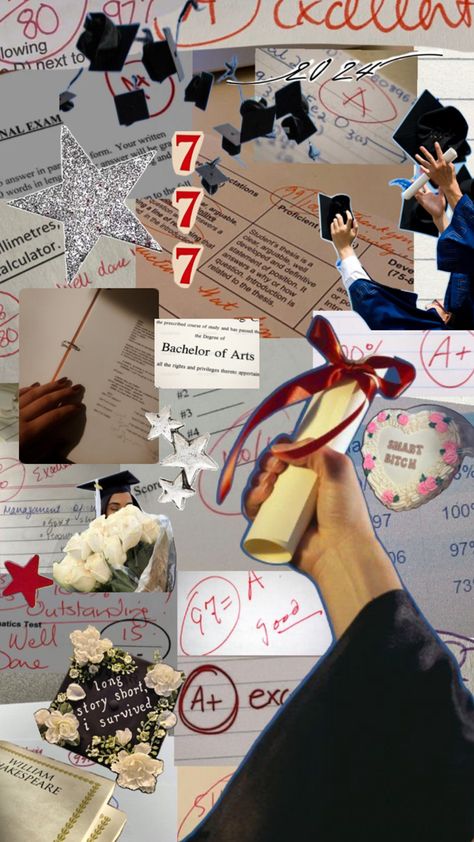 a background of straight A’s on various tests and assignments  overlaid with several silver and red stars and people throwing their graduation caps. Grad Picture Ideas, Senior Year Of High School, Motivational Wallpaper, Grad Pics, Novel Writing, Screenwriting, The Arts, Vision Board, Literature