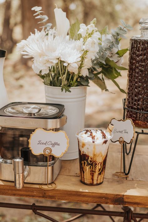 Fall Coffee Bar Party, Iced Coffee Bar Bridal Shower Ideas, Iced Coffee Bar Baby Shower Ideas, Bachelorette Coffee Bar, Wedding Shower Coffee Bar, Bridal Shower Iced Coffee Bar, Wedding Shower Coffee Theme, Shower Coffee Bar, Iced Coffee Bar