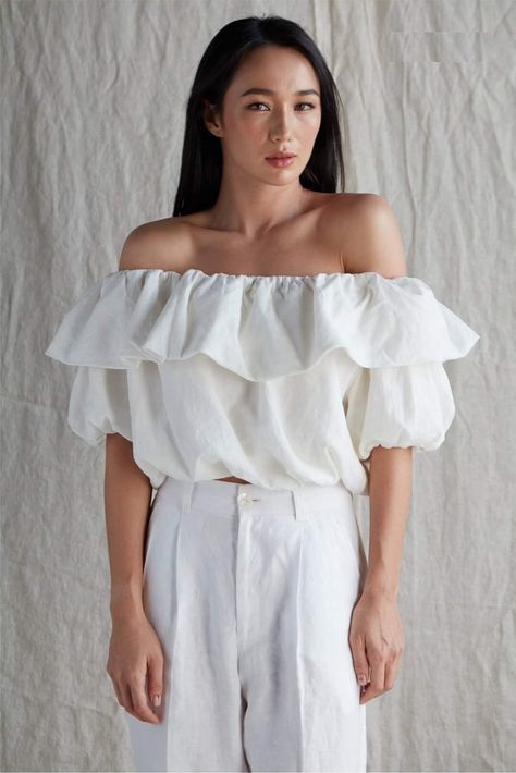 Off Shoulder Ruffle Top, Ruffle Linen, Linen Crop Top, Linen Top, Ruched Dress, Ruffle Top, Color Chart, Linen Fabric, Off Shoulder Blouse