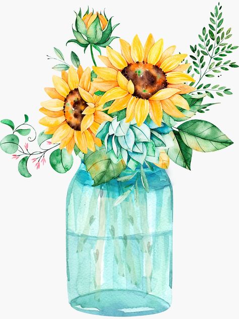 "Sunflowers, Mason jar, sunflower bouquet, watercolor, watercolor sunflowers" Sticker by SouthPrints | Redbubble Sunflower Bouquet Drawing, Sunflower Watercolor Painting, Bouquet Watercolor, Watercolor Sunflowers, Sunflower Bouquet, Sunflower Bouquets, Sunflower Painting, 수채화 그림, Sunflower Art