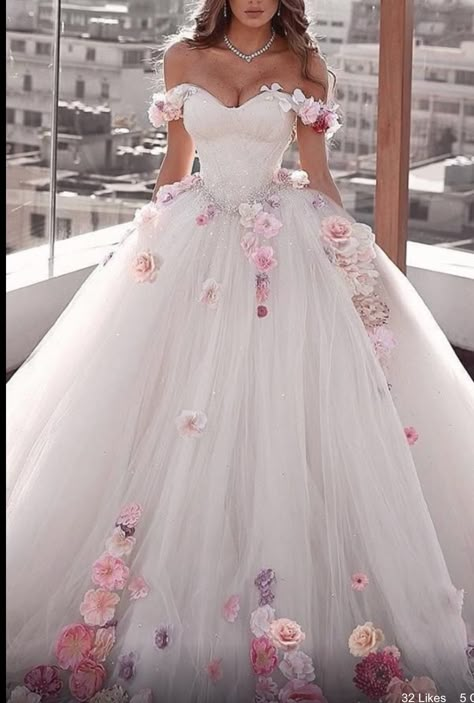 Hall Gown Dresses, White Rose Wedding Dress, Light Pink Wedding Dress With Sleeves, White Wedding Dress With Pink Accents, White Pink Wedding Dress, Wedding Dress With Pink Accents, Princess Wedding Dresses Pink, Wedding Dresses With Pink, Whimsical Wedding Dress Fairies