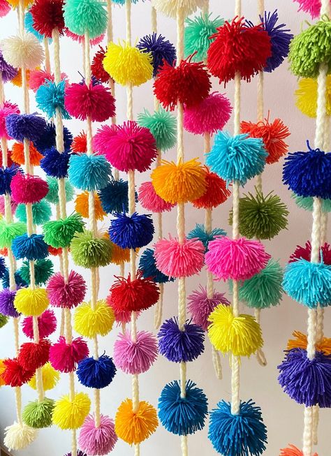 Pom Pom Garland Mexico Pompoms Different Colors Colorful | Etsy Colorful Pom Pom Garland, South American Decorations, Peruvian Party Decorations, Peruvian Decoration Ideas, Pom Pom Backdrop, Peruvian Party, Peruvian Decor, Mexican Tablecloth, Fiesta Decor