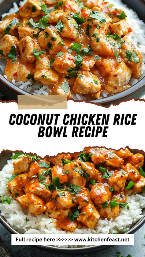 Discover a quick and flavorful Coconut Chicken Rice Bowl recipe that combines tender chicken, fragrant jasmine rice, and crisp vegetables in a rich coconut sauce. Perfect for a satisfying dinner! What To Eat With Coconut Rice, Coconut Chicken Rice Bowl, Coconut Rice Meals, Coconut Rice And Chicken, Coconut Rice Bowl, Coconut Chicken Rice, Thai Coconut Rice, Chicken Rice Bowl Recipe, Chicken Bowl Meal Prep