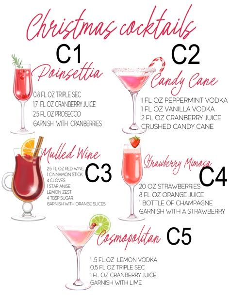 Signature Holiday drink Menu | Vinylbug Designs Holiday Drinks Recipes, Signature Winter Cocktails, Holiday Ornament Drinks, Red Christmas Cocktails Holiday Drinks, Holiday Drink Board, Christmas Drink Display, Christmas Cocktail Party Menu Ideas, Pink Holiday Drinks, Holiday Drink Menu Design