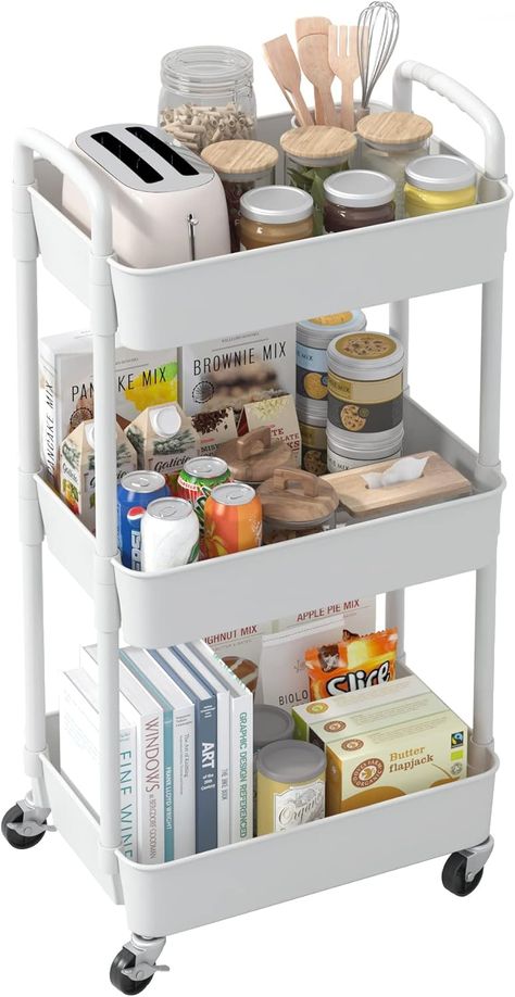 Sywhitta 3-tier Storage Rack on Wheels, Kitchen Storage Utility Cart, Rolling Storage Rack for Bedroom, Bathroom, Office, White Apartment Kitchen White, Storage Utility, Rolling Utility Cart, Study Desk Decor, Storage Trolley, Rolling Storage, Utility Cart, Bathroom Office, Laundry Storage