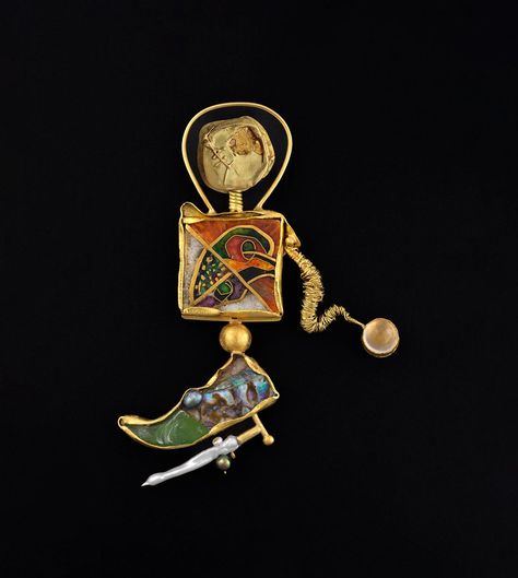 William Harper. Brooch: The First Exquisite Corpse, 2023. Gold cloisonné enamel on fine gold and fine silver; 18, 22 and 24 kt gold; moonstone; shell; glass; pearls. 11.43 × 8.9 cm.. Exquisite Corpse, Contemporary Arts, Art Jewelry Contemporary, Event Exhibition, Contemporary Crafts, Selling Artwork, Cloisonne Enamel, 24kt Gold, Enamel Jewelry