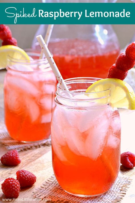 Spiked Raspberry Lemonade recipe, an easy summer cocktail! This simple spiked lemonade recipe is made from homemade lemonade, vodka, and Torani Raspberry Syrup. Make a pitcher of this pink lemonade in minutes for a refreshing party drink that's perfect for a crowd. Serve this spiked lemonade cocktail in mason jars or your favorite glasses for easy summer entertaining! A refreshing raspberry cocktail that's great for happy hour, baby showers, girls night, and more! | Hello Little Home Spiked Lemonade Recipe, Raspberry Lemonade Vodka, Raspberry Lemonade Recipe, Friday Cocktails, Rumchata Recipes, Spiked Lemonade, Yummy Summer Cocktails, Raspberry Cocktail, Homemade Lemonade Recipes