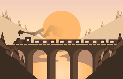 Bridge Vector, Train Vector, Trestle Bridge, Train Illustration, Bridge Art, Illustration Art Design, Flat Design Illustration, Minimalist Landscape, Bridge Design