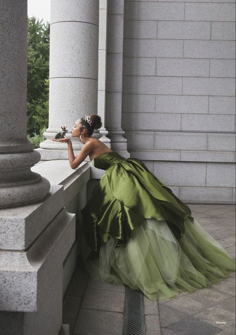 tiana aesthetic | the princess and the frog Prom Dresses Tiana, Sweet 16 Dresses Princess And The Frog, Princess Tiana Quinceanera Dresses, Princess And The Frog Quinceanera Theme Dress, Princess And The Frog Photoshoot Ideas, Princess Tiana Sweet 16 Ideas Decoration, Princess Tiana Sweet 16 Ideas Dress, Big Green Dress, Tiana Quinceanera Dress