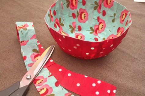 Mod Podge Fabric, Paper Bowl, Fabric Bowl, Paper Mache Bowls, Mod Podge Crafts, Scrap Fabric Crafts, Fabric Bowls, Paper Mache Crafts, Paper Toy