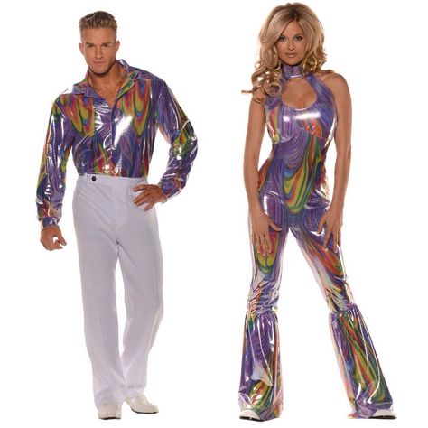 Disco Couples Costume! #1970s #disco #colorful #theme #discotheme #party #women #men #costumes #discocostumes #halloween #new #newcollection #couples #discocouples #pants #shirts #fashion #discoparty #onlineshopping #shopping #70sfashion #70disco #dance Couples Disco Outfits, Disco Family Costume, Disco Couples Costume, Disco Couple Costume, Disco Halloween Costumes, Disco Halloween Costume, 70s Couple, Moda Disco, Partner Halloween Costumes