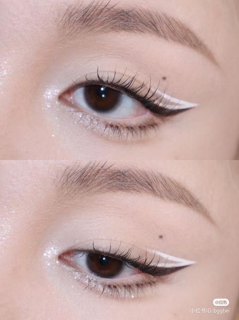 Makeup Look For White Outfit, White Eyeliner Asian, Kpop Stage Makeup, White Makeup Ideas, Graphic Eyeliner Looks, White Eye Makeup, Disco Makeup, Doll Eye Makeup, Korean Eye Makeup