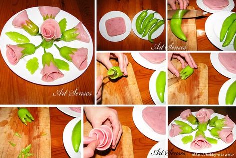 How to DIY Spicy Sausage Slice Rose | www.FabArtDIY.com LIKE Us on Facebook ==> https://www.facebook.com/FabArtDIY Decorações Com Comidas, Vegetable Carving, Food Carving, Spicy Sausage, Food Garnishes, Food Humor, Food Decoration, Food Presentation, Easter Recipes