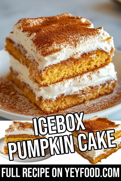 Icebox Pumpkin Cake - Yeyfood.com: Recipes, cooking tips, and kitchen hacks for home cooks of all levels Icebox Pumpkin Cake, Pumpkin Spice Cake Recipes Boxed, Spice Cake Recipes Boxed, Few Ingredients Recipes, Best Pumpkin Cake, Pumpkin Spice Cake Recipe, Pumpkin Rolls, Hacks For Home, Box Cake Recipes