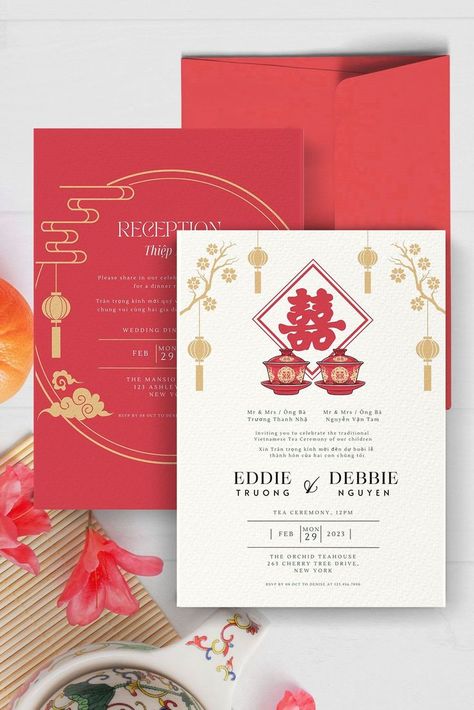 Vietnamese Tea Ceremony Invitation Card | Thiep Cuoi with Double Happiness Chinese Wedding Invitation Card Design, Wedding Invitations Vietnamese, Chinese Tea Ceremony Invitation, Vietnamese American Wedding, Tea Ceremony Wedding Vietnamese, Tea Ceremony Invitation, Vietnamese Wedding Invitation, Chinese Invitation, Japanese Wedding Theme