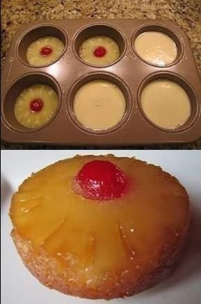 Pineapple Upside-Down Cupcakes - ALL RECIPES GUIDE Pineapple Upside Down Bundt Cake Recipe, Pineapple Upside Down Cakes, Mini Pineapple Upside Down Cakes, Pineapple Upside Down Cupcakes, Pineapple Cakes, Upside Down Cakes, Smores Dessert, Dessert Mini, Pineapple Desserts