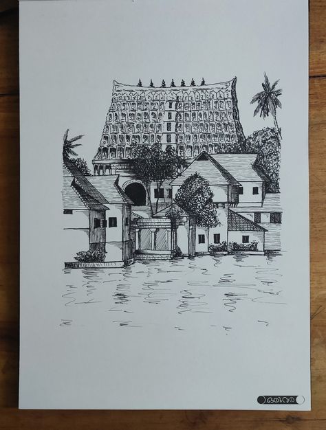 Simple Temple Drawing, Temple Sketches Indian Easy, Kerala Piravi Drawings, Temple Drawing Indian, Temple Sketches Indian, Temple Art Drawing, Sree Padmanabhaswamy Temple, Padmanabhaswamy Temple, Tamil Culture