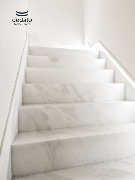 Carrara White Marble Stair. #marbletiles #marble #steps #stairways Ceramic Stairs Modern, Stairs Design White, Marble Stairs Design Modern, Stairs Marble Design, Marble Stairs Design, White Marble Stairs, Stairs Marble, Tiles Stairs, White Staircase