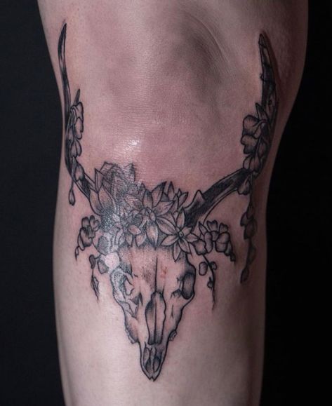 Stag Knee Tattoo, Round The Knee Tattoo, Elk Skull Tattoo, Stag Tattoo, European Mount, Small Deer, Knee Tattoo, Deer Skulls, Body Mods