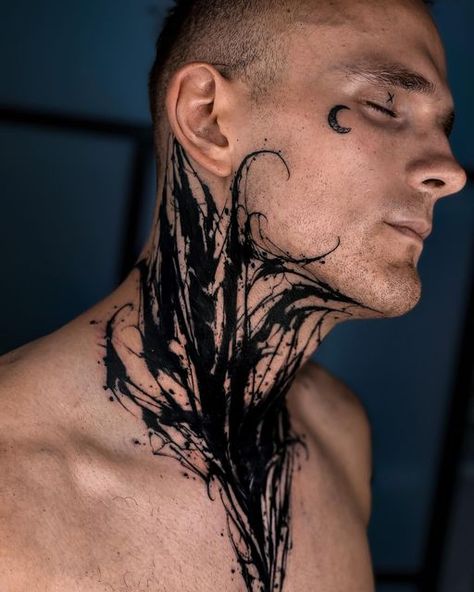 Tattoo Artist 🖤 on Instagram: "Full freehand cover up on a neck What do u think about this shape ?" Black Work Neck Tattoo, Blackwork Neck Tattoo, Black Neck Tattoo, Blackout Neck Tattoo, Cool Neck Tattoos, Dark Calligraphy, Full Neck Tattoos, All Black Tattoos, Throat Tattoo