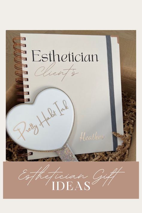 Esthetician Gift Set: Included is an esthetician client record book and a handheld mirror. Both can be customized with your name or business name. Christmas gifts for esthetician gifts for esthetician esthetician decor Esthetician Client Goodie Bags, Esthetician Graduation Party Ideas, Esthetician Graduation Gift, Esthetician Gifts Ideas, Client Record Book, Esthetician Decor, Esthetician Inspiration, Medical Esthetician, Esthetician Gifts