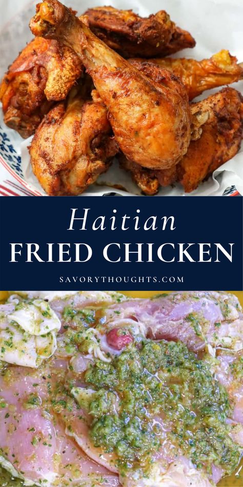 Haitian Fried Chicken in a sauce. Haitian Chicken Recipe, Haitian Chicken, Carribean Food, African Cooking, Haitian Food Recipes, American Recipes, Island Food, Fried Chicken Recipes, Jamaican Recipes