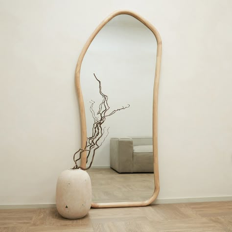 Cool Floor Length Mirror, Full Length Mirror Wood, Wooden Full Length Mirror, Free Standing Mirror Bedroom, Minimalist Bedroom Mirror, Modern Bedroom Mirror, Organic Shape Mirror, Full Height Mirror, Large Wood Mirror