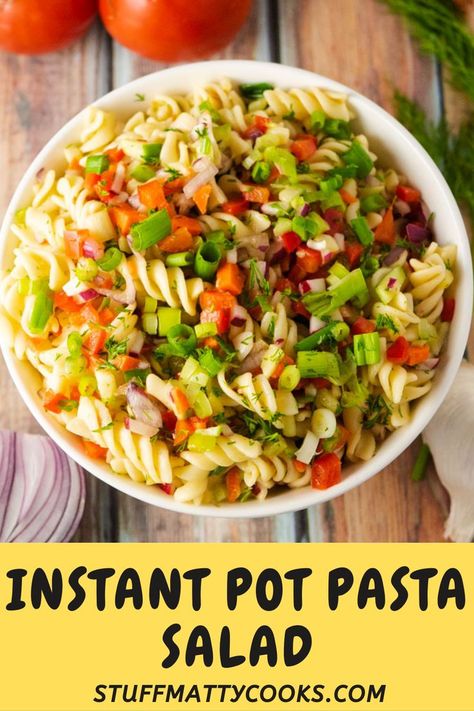 This quick and easy pasta salad recipe will be the star of the show at your next party or bbq. It is loaded with veggies and can be refrigerated beforehand or eaten right away. The pasta in this recipe is done in 4 minutes making this pasta recipe very quick and simple. #pastasalad Quick And Easy Pasta Salad, Instant Pot Ribs Recipe, Instant Pot Vegetarian, Homemade Pasta Salad, Pressure Cooker Pasta, Vegetarian Pasta Salad, Easy Homemade Pasta, Chicken Finger Recipes, Easy Pressure Cooker Recipes